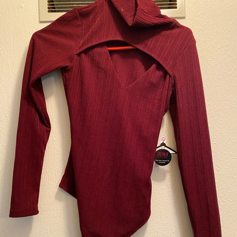 Burgundy sweater cut out body suit
